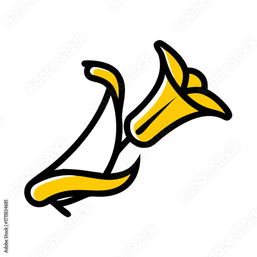 Abstract yellow stylized horse head with flowing mane and tail on a black background minimalist graphic design