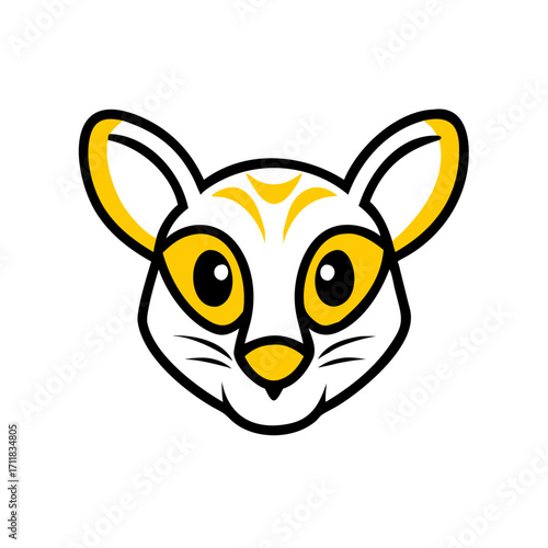 Abstract minimalist yellow bull face symbol with horns and large eyes on a black background