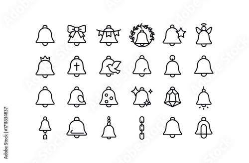 vector outline icons Bells (Decorations) bell ribbon bell bow bell garland bell wreath bell star bell angel bell crown bell cross bell dove bell charm bell pendant bell bell magnet bell.
