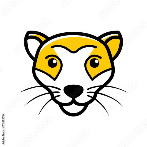 Minimalist yellow cartoon raccoon face peeking from darkness with big curious eyes and pointed ears against a black background