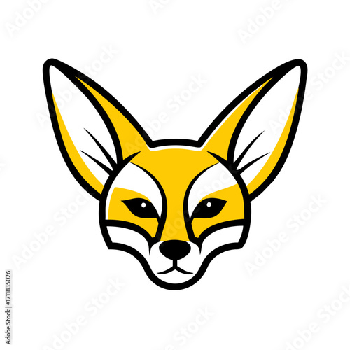 Stylized golden fox face with large pointed ears and piercing eyes on a solid black background minimalist graphic design