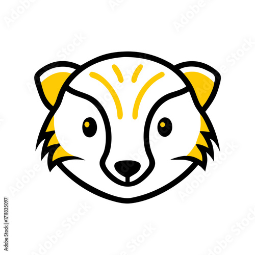 Minimalist yellow abstract creature face with pointed ears and tufts of hair on a black background