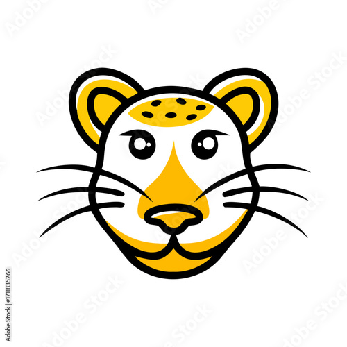 Stylized yellow leopard face with spots on forehead and black background graphic design abstract animal portrait