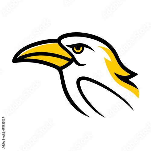 Stylized yellow bird head with sharp beak and flowing feathers against a stark black background minimalist graphic design