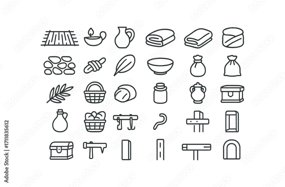 Naklejka premium vector outline icons Nativity (Items) straw mat clay lamp oil jar wood bench stone floor rope tie cloth wrap blanket roll palm branch reed basket clay bowl grain sack water skin bread.