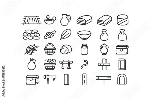 vector outline icons Nativity (Items) straw mat clay lamp oil jar wood bench stone floor rope tie cloth wrap blanket roll palm branch reed basket clay bowl grain sack water skin bread.
