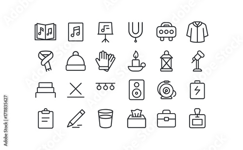 vector outline icons Carols (Accessories) song book sheet music music stand tuning fork pitch pipe choir robe scarf wrap hat cap glove pair candle cup lantern lamp mic stand stage riser.