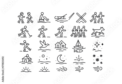 vector outline icons Lakes (Scenes) kids skating people sliding sled crossing ski crossing hockey playing figure skating speed skating group skating solo skating couple skating family.