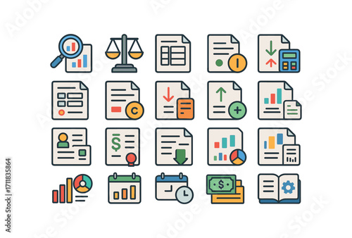 colorful flat vector icons Accounting (Types) accounting audit accounting balance accounting ledger accounting entry accounting double accounting single accounting debit accounting credit.