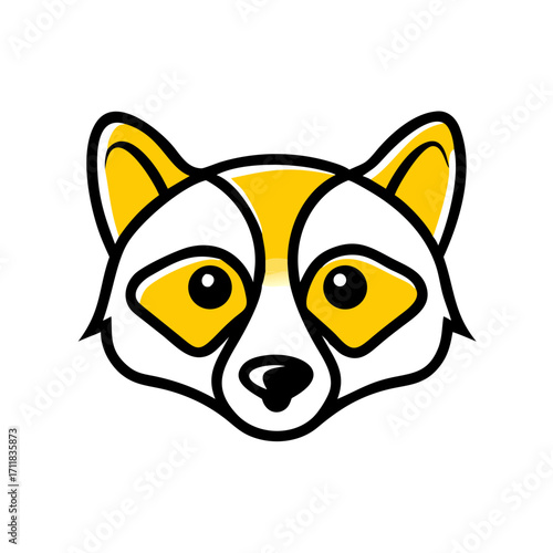 Minimalist yellow and black raccoon face logo design with large eyes and pointed ears on a solid black background