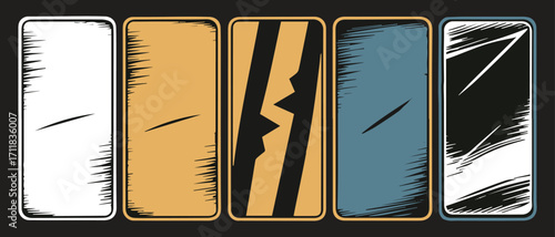 Stylized cards with abstract designs white, yellow, geometric yellow and black, blue, and black with white streaks. A bold and dynamic tone.