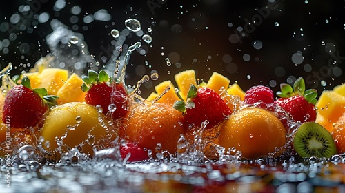 Fresh fruit medley bursts with flavor and refreshing energy after a splash of cool water for a healthy summer