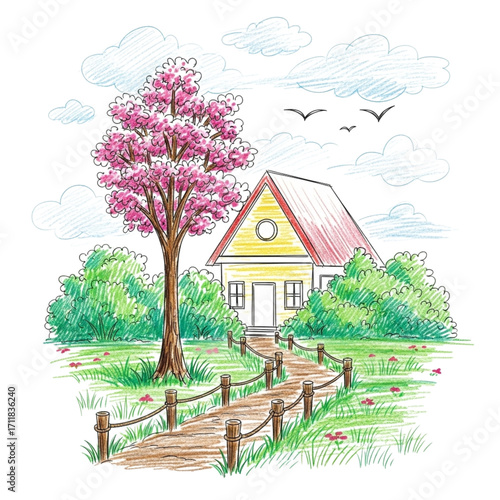 Charming yellow house with pink blossom tree isolated on transparent background