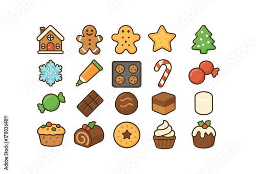 colorful flat vector icons Christmas Food (Sweets) gingerbread house gingerbread man sugar cookie star cookie tree cookie snowflake cookie icing tube cookie tray candy cane red candy green.
