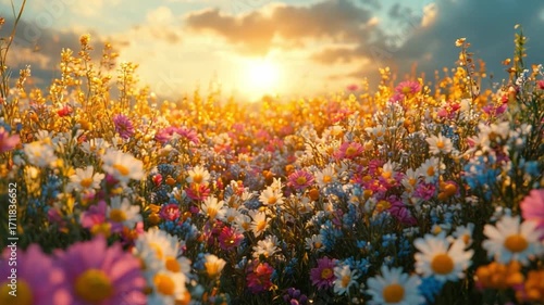 Blooming Meadow Under the Sun: A vibrant display of wildflowers in full bloom creates a serene landscape with the warm embrace of the setting sun, embodying tranquility and nature's artistry.