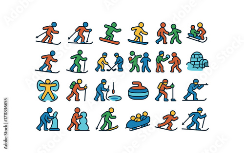 colorful flat vector icons Snow Activities (Sports) skiing downhill skiing cross snowboarding jump snowboarding ride sledding hill sledding race ice skating figure skating hockey game.