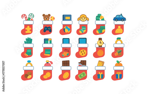 colorful flat vector icons Christmas Stockings (Contents) candy stocking toy stocking book stocking doll stocking car stocking puzzle stocking game stocking ball stocking socks stocking hat.