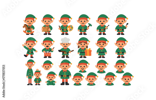 colorful flat vector icons Christmas Elves (Types) toy elf worker elf painter elf builder elf singer elf dancer elf drummer elf cook elf helper elf guard elf leader elf child elf baby elf.