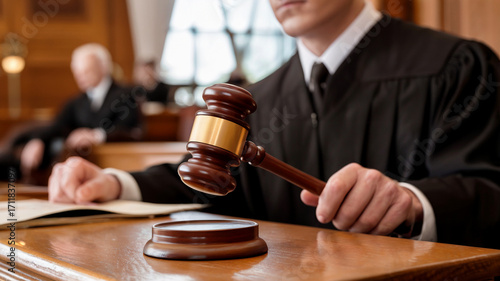 Judge with Wooden Gavel in Courtroom Symbolizing Law and Justice