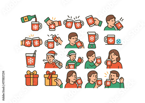 colorful flat vector icons Christmas Drinks (Scenes) drink pouring drink serving drink clinking drink sharing drink toasting drink sipping drink spilling drink mixing drink stirring drink.
