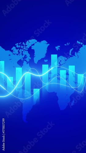 A professional vertical graphic featuring a world map with an overlay of a digital financial graph, great for global business and market trends.