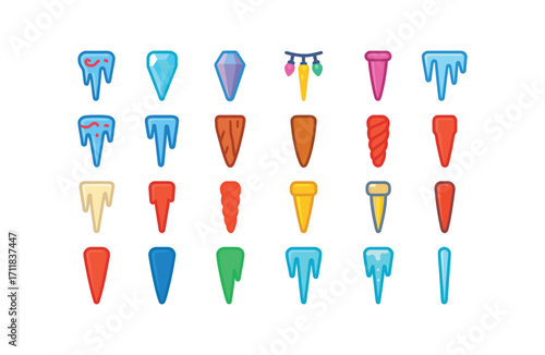 colorful flat vector icons Icicles (Decorations) glass icicle crystal icicle plastic icicle neon icicle light icicle glitter icicle painted icicle carved icicle wooden icicle clay icicle.