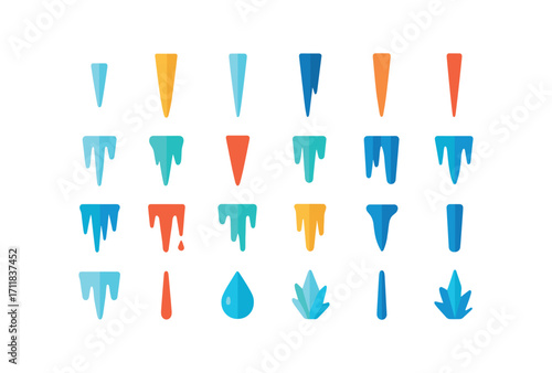 colorful flat vector icons Icicles (Types) small icicle large icicle thin icicle thick icicle long icicle short icicle clear icicle cloudy icicle sharp icicle blunt icicle single icicle.