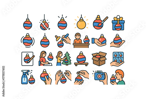 colorful flat vector icons Ornaments (Scenes) ornament hanging ornament breaking ornament shining ornament glowing ornament spinning ornament dropping ornament painting ornament carving.