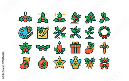 colorful flat vector icons Holly (Scenes) holly hanging holly glowing holly shining holly decorating holly crafting holly painting holly drawing holly carving holly cutting holly growing.