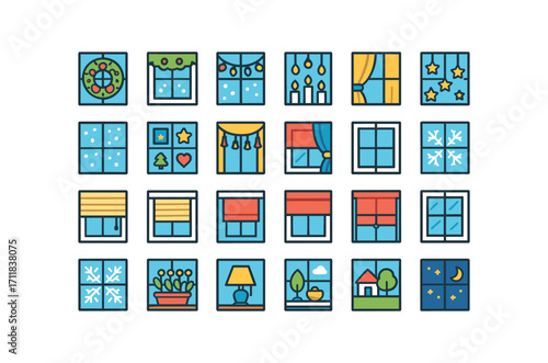colorful flat vector icons Window Decor (Scenes) window wreath window garland window lights window candles window stars window snow window stickers window tassels curtain tie drape pull.