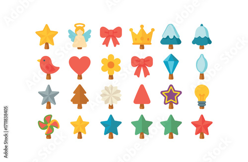 colorful flat vector icons Tree Toppers (Types) star topper angel topper bow topper crown topper snow topper bell topper bird topper heart topper flower topper ribbon topper crystal topper.