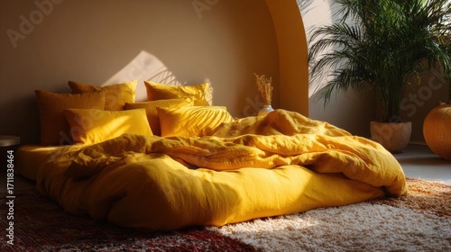 Modern bedroom with a large bed in the center. the bed is covered with a bright yellow duvet cover and several matching pillows.