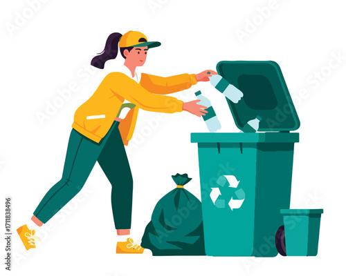 A stylized vector illustration of a proactive young woman sorting plastic bottle waste into a green recycling bin, promoting environmental care and a sustainable lifestyle