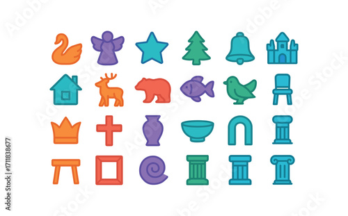 colorful flat vector icons Ice Sculptures (Types) swan carve angel carve star carve tree carve bell carve castle carve house carve deer carve bear carve fish carve bird carve heart carve.
