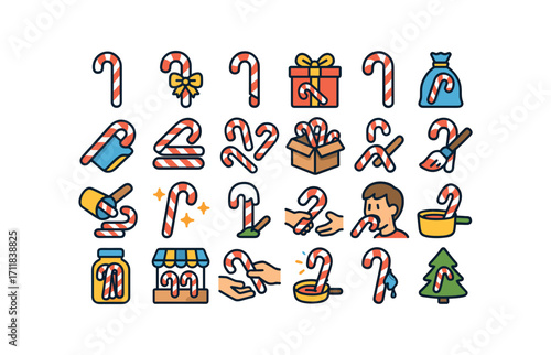 colorful flat vector icons Candy Canes (Scenes) cane hanging cane tied cane broken cane gifted cane wrapped cane unwrapped cane stacked cane scattered cane boxed cane bagged cane spilling.