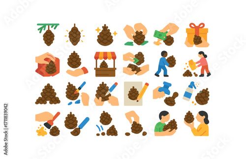 colorful flat vector icons Pinecones (Scenes) cone hanging cone glowing cone shining cone decorating cone crafting cone gifting cone wrapping cone selling cone buying cone carrying cone.