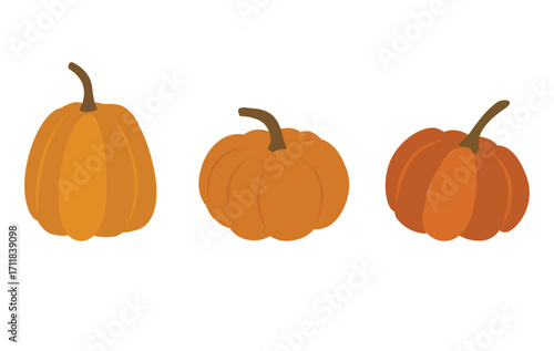 Set of three simple autumn pumpkins in flat style isolated on white background