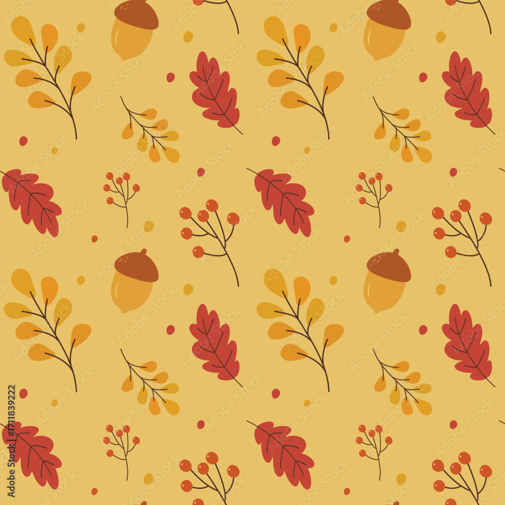 Fototapeta premium Decorative fall background with oak leaves acorns and red berries in hand drawn style