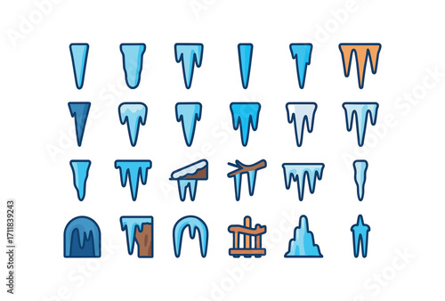 colorful flat vector icons Icicles (Types) thin icicle thick icicle short icicle long icicle single icicle cluster icicle sharp icicle blunt icicle frosted icicle clear icicle blue icicle.