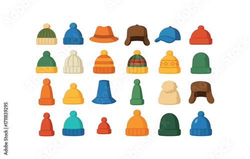 colorful flat vector icons Winter Hats (Types) wool hat knit hat felt hat fur hat cap hat red hat green hat white hat striped hat plaid hat patterned hat plain hat tall hat short hat wide.