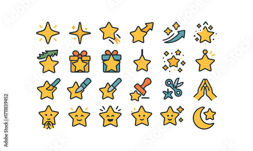 colorful flat vector icons Stars (Scenes) star glowing star shining star twinkling star falling star rising star guiding star decorating star gifting star wrapping star hanging star.