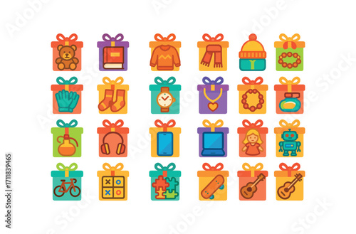 colorful flat vector icons Gifts (Types) toy gift book gift sweater gift scarf gift hat gift gloves gift socks gift watch gift necklace gift bracelet gift perfume gift headphones gift phone.