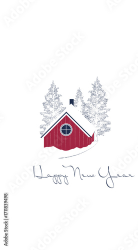 A winter New Year's landscape in the forest. A snow-covered hut stands against a backdrop of snow-covered conifers.