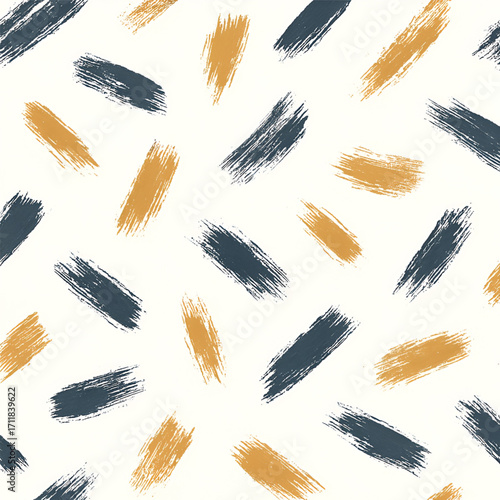 Random scattered brush stroke pattern in gold and dark blue on white textured background
