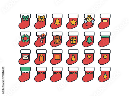 colorful flat vector icons Stockings (Decorations) stocking ribbon stocking bow stocking bell stocking star stocking angel stocking wreath stocking candy stocking cookie stocking gift.