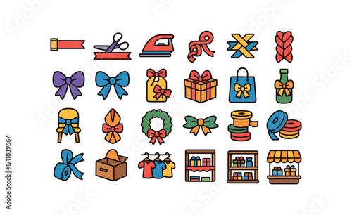 colorful flat vector icons Ribbons (Scenes) ribbon measuring ribbon cutting ribbon ironing ribbon curling ribbon weaving ribbon braiding bow tying bow fluffing tag tying box banding bag.