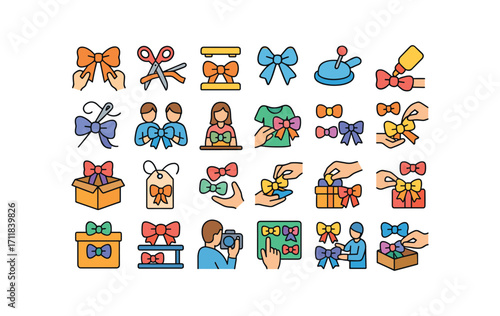 colorful flat vector icons Bows (Scenes) bow making bow trimming bow pressing bow pinning bow clipping bow gluing bow sewing bow tying bow untying bow replacing bow matching bow sorting bow.