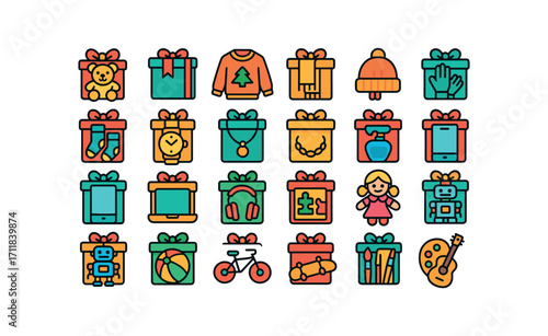 colorful flat vector icons Gifts (Types) toy gift book gift sweater gift scarf gift hat gift gloves gift socks gift watch gift necklace gift bracelet gift perfume gift phone gift tablet.