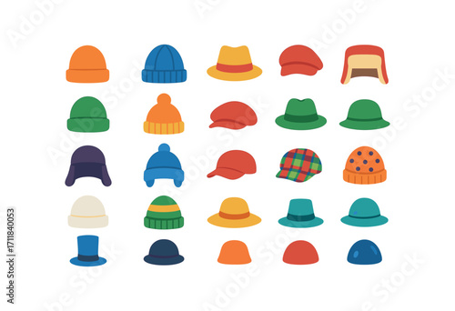 colorful flat vector icons Hats (Types) wool hat knit hat felt hat fur hat beanie cap pom hat beret cap trapper hat ear flap ski cap red hat green hat white hat striped hat plaid hat dotted.