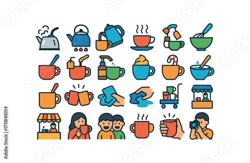 colorful flat vector icons Hot Drinks (Scenes) kettle boiling pot simmering mug filling cup warming rising whisk mixing spoon stirring sachet dipping syrup pumping spice shaking whip.